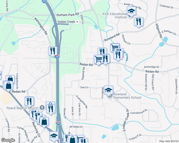 map of restaurants, bars, coffee shops, grocery stores, and more near 4015 Redan Road in Stone Mountain