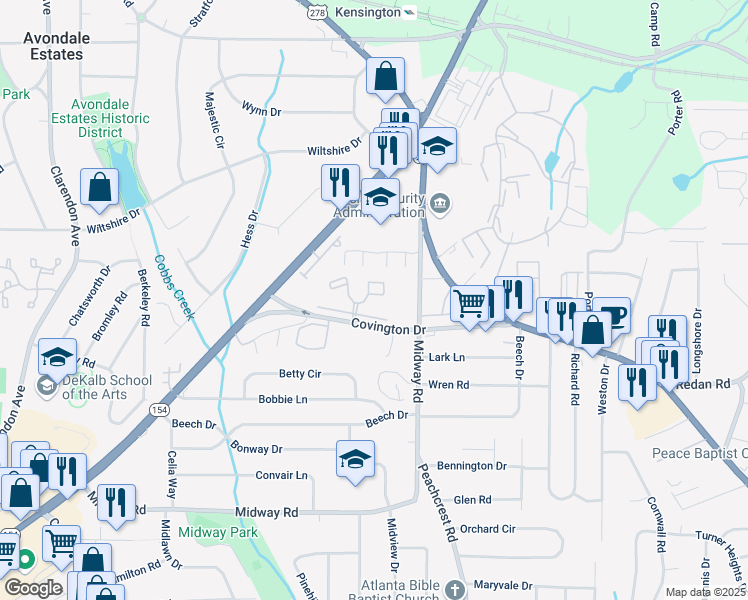 map of restaurants, bars, coffee shops, grocery stores, and more near 3312 Covington Drive in Decatur