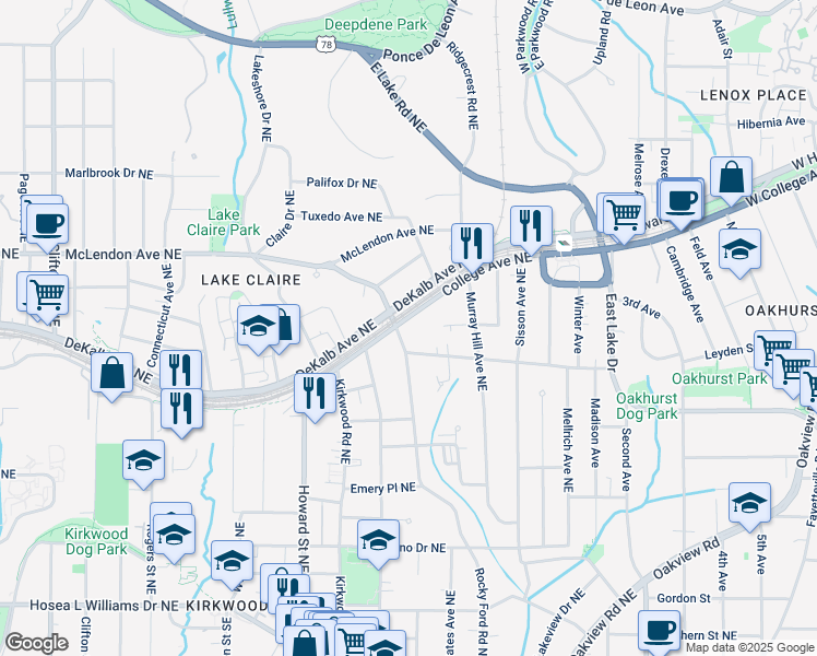 map of restaurants, bars, coffee shops, grocery stores, and more near 2089 College Avenue Northeast in Atlanta