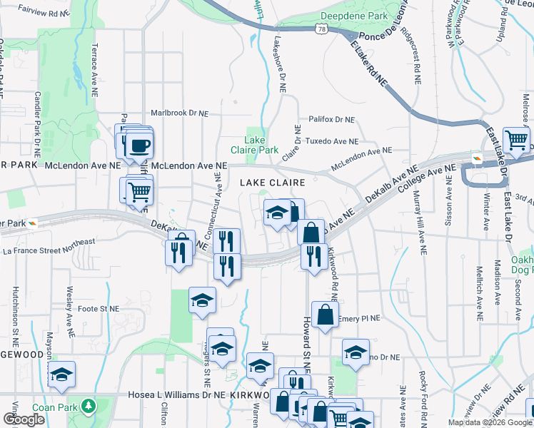 map of restaurants, bars, coffee shops, grocery stores, and more near 1867 Gordon Manor Northeast in Atlanta
