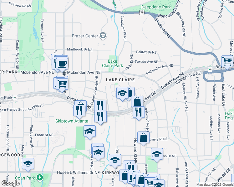 map of restaurants, bars, coffee shops, grocery stores, and more near 1867 Gordon Manor Northeast in Atlanta