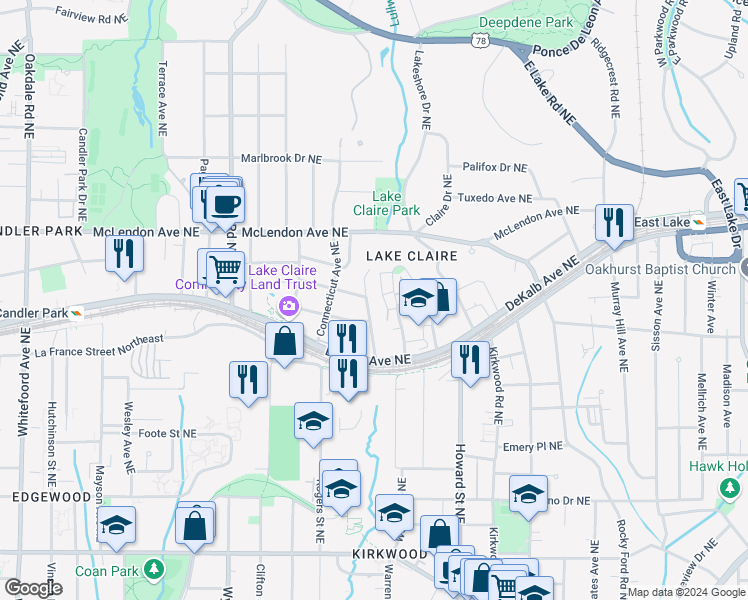 map of restaurants, bars, coffee shops, grocery stores, and more near 289 Mathews Avenue Northeast in Atlanta