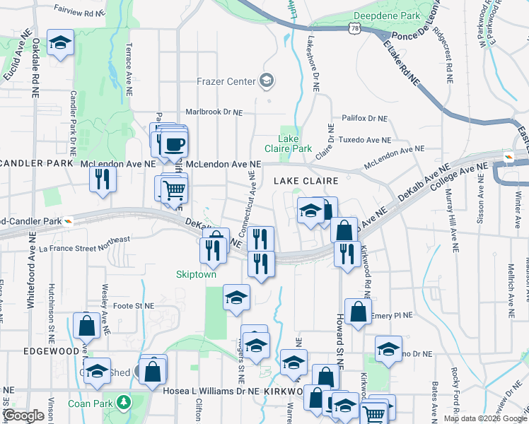 map of restaurants, bars, coffee shops, grocery stores, and more near 1823 Indiana Avenue Northeast in Atlanta