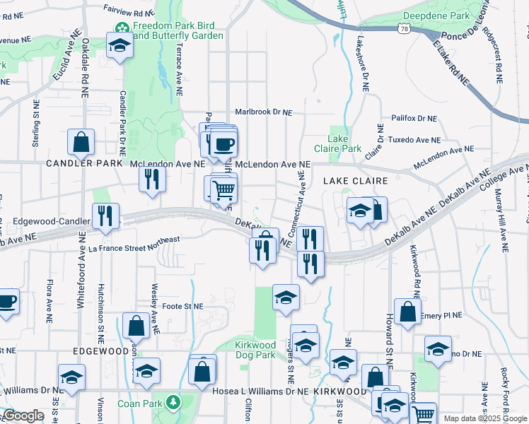 map of restaurants, bars, coffee shops, grocery stores, and more near 289 Ferguson Street Northeast in Atlanta