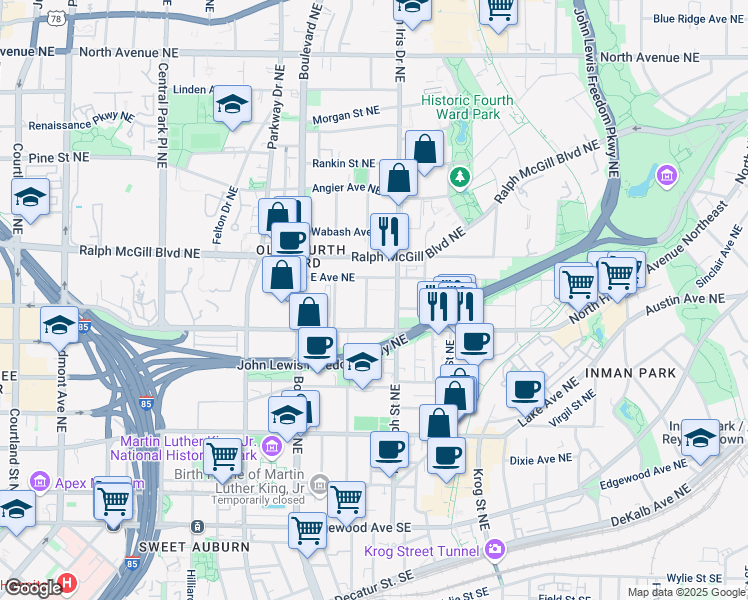 map of restaurants, bars, coffee shops, grocery stores, and more near 283 Prospect Place Northeast in Atlanta