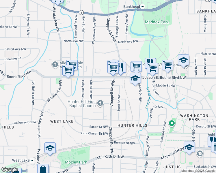 map of restaurants, bars, coffee shops, grocery stores, and more near 250 Chappell Road Northwest in Atlanta