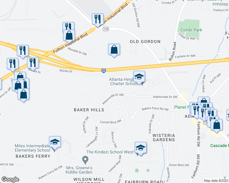 map of restaurants, bars, coffee shops, grocery stores, and more near 3949 Adamsville Drive Southwest in Atlanta