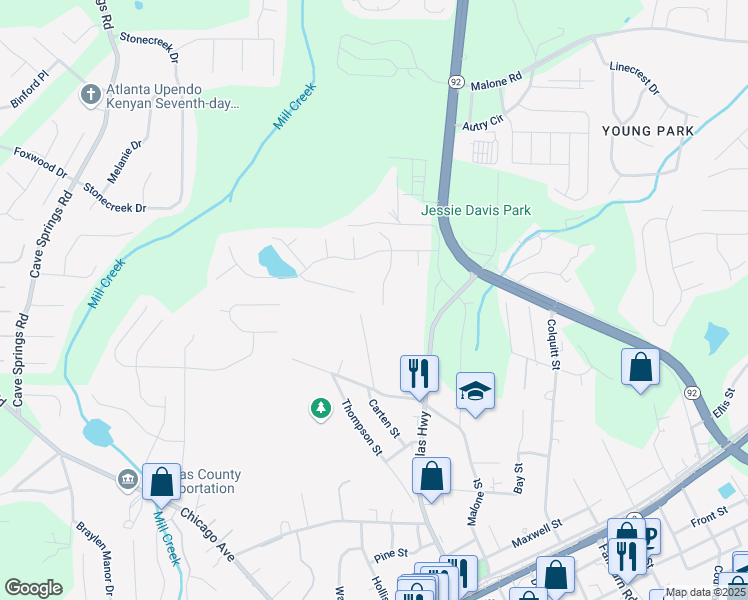 map of restaurants, bars, coffee shops, grocery stores, and more near 7965 Tower Drive in Douglasville