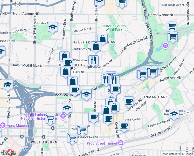 map of restaurants, bars, coffee shops, grocery stores, and more near 271 Glen Iris Drive Northeast in Atlanta