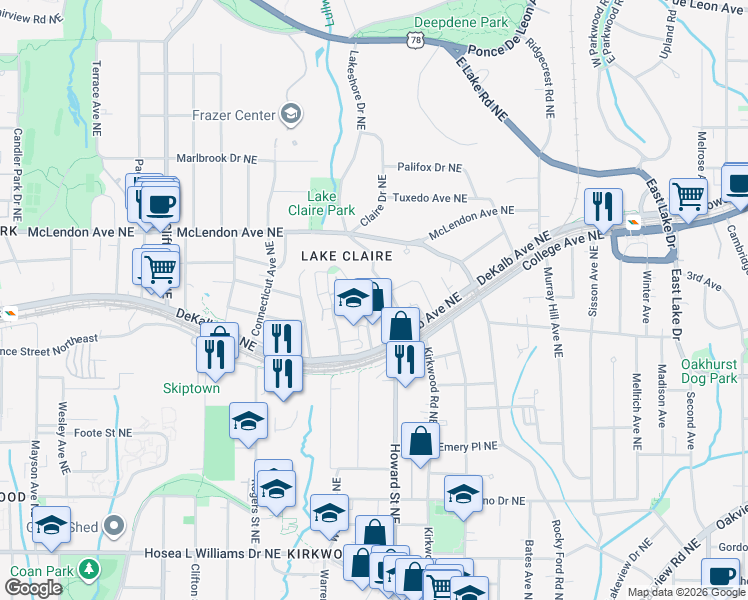map of restaurants, bars, coffee shops, grocery stores, and more near Southerland Terrace Northeast in Atlanta