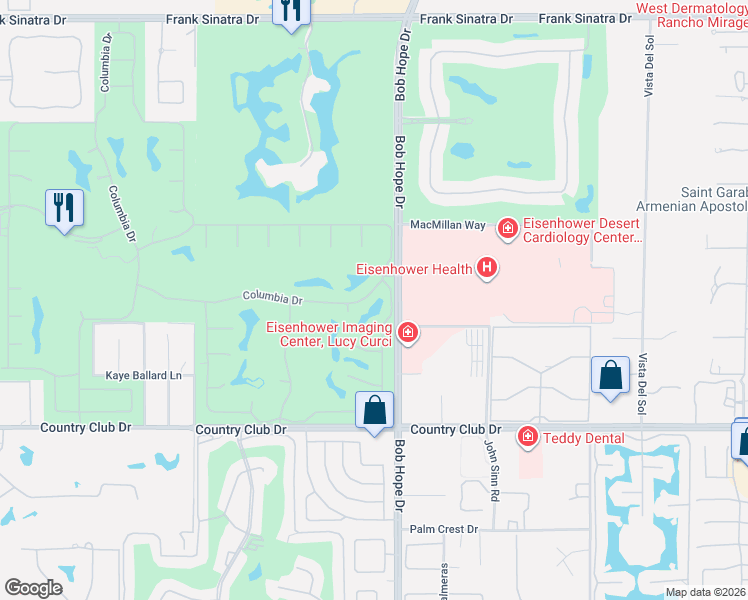 map of restaurants, bars, coffee shops, grocery stores, and more near 10 Colgate Drive in Rancho Mirage