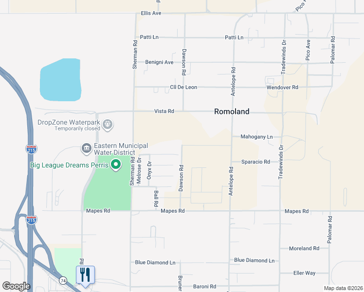 map of restaurants, bars, coffee shops, grocery stores, and more near 24652 Dawson Road in Romoland