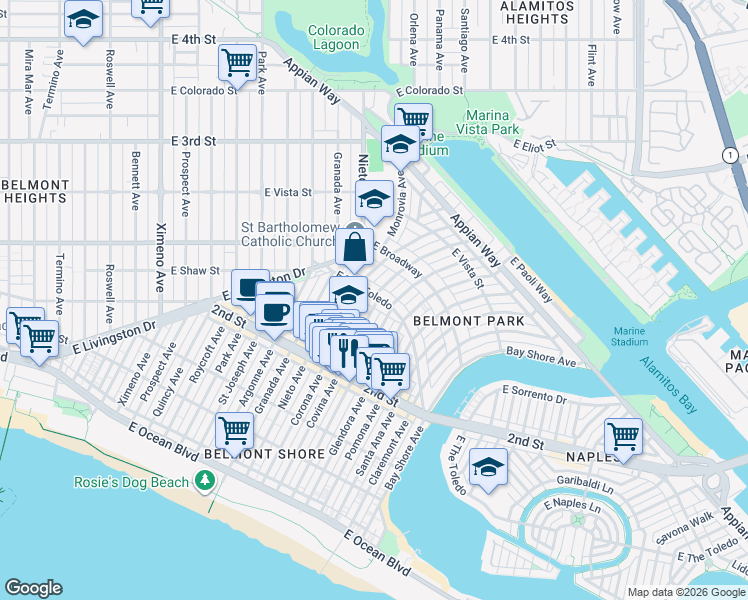 map of restaurants, bars, coffee shops, grocery stores, and more near 5248 East The Toledo in Long Beach