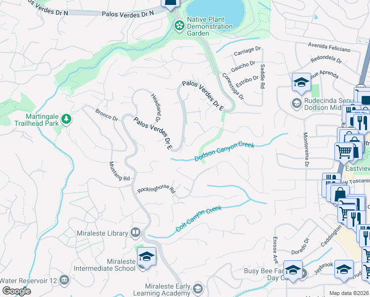 map of restaurants, bars, coffee shops, grocery stores, and more near 2636 Sunnyside Ridge Road in Rancho Palos Verdes