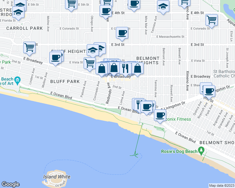 map of restaurants, bars, coffee shops, grocery stores, and more near 3515 East 1st Street in Long Beach