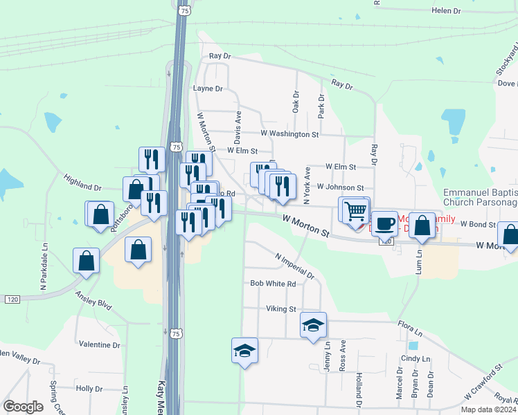 map of restaurants, bars, coffee shops, grocery stores, and more near 2810 West Morton Street in Denison