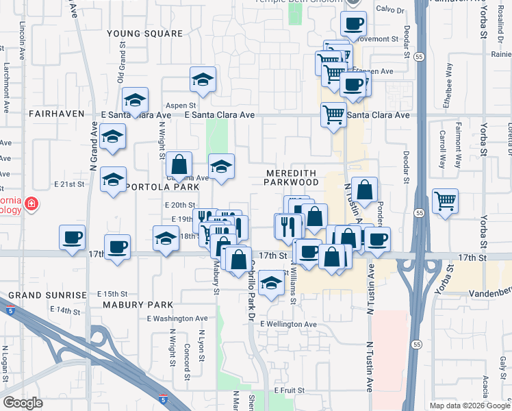 map of restaurants, bars, coffee shops, grocery stores, and more near 1919 Sherry Lane in Santa Ana