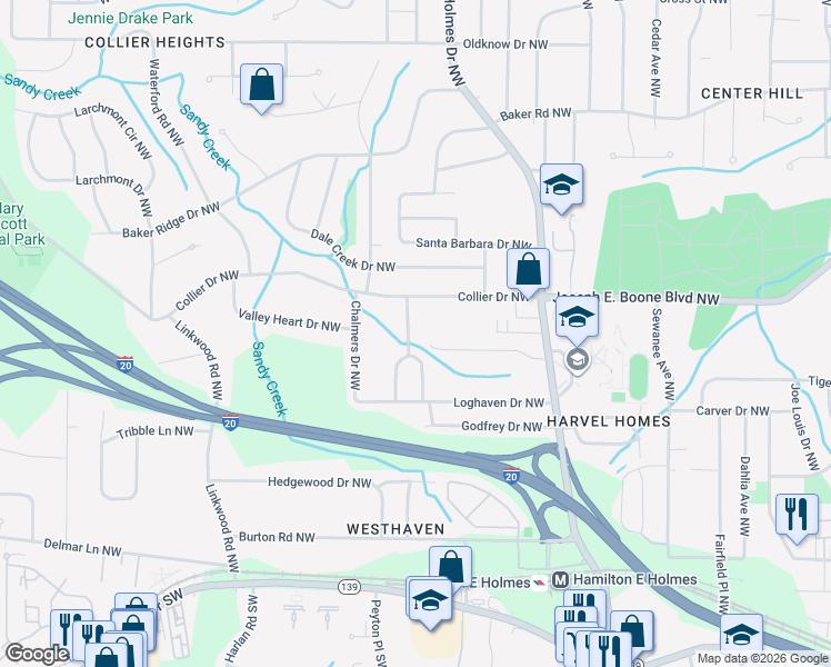 map of restaurants, bars, coffee shops, grocery stores, and more near 237 Simon Terrace Northwest in Atlanta