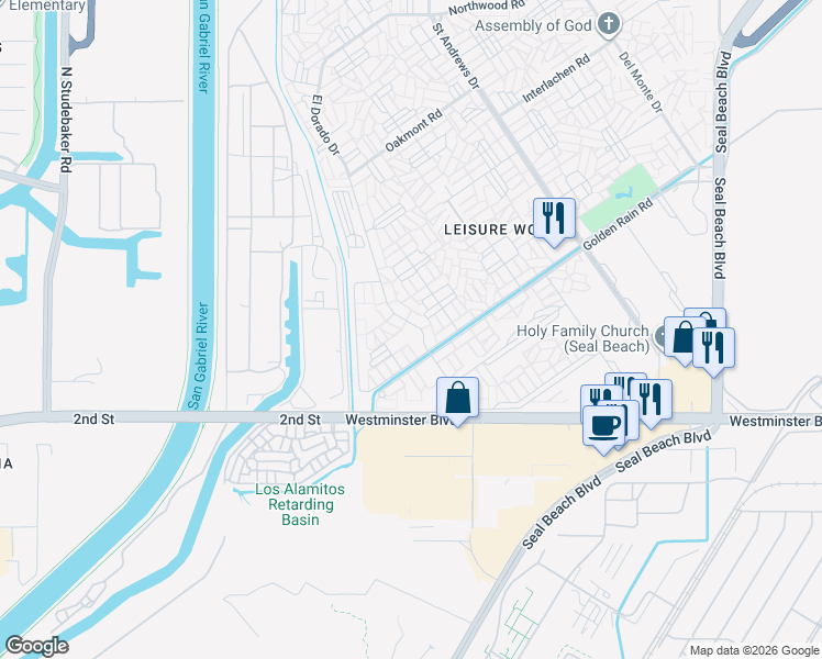 map of restaurants, bars, coffee shops, grocery stores, and more near 13801 El Dorado Drive in Seal Beach