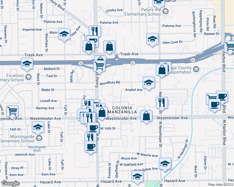 map of restaurants, bars, coffee shops, grocery stores, and more near 11182 Cynthia Avenue in Garden Grove