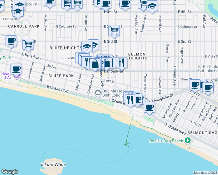 map of restaurants, bars, coffee shops, grocery stores, and more near in Long Beach