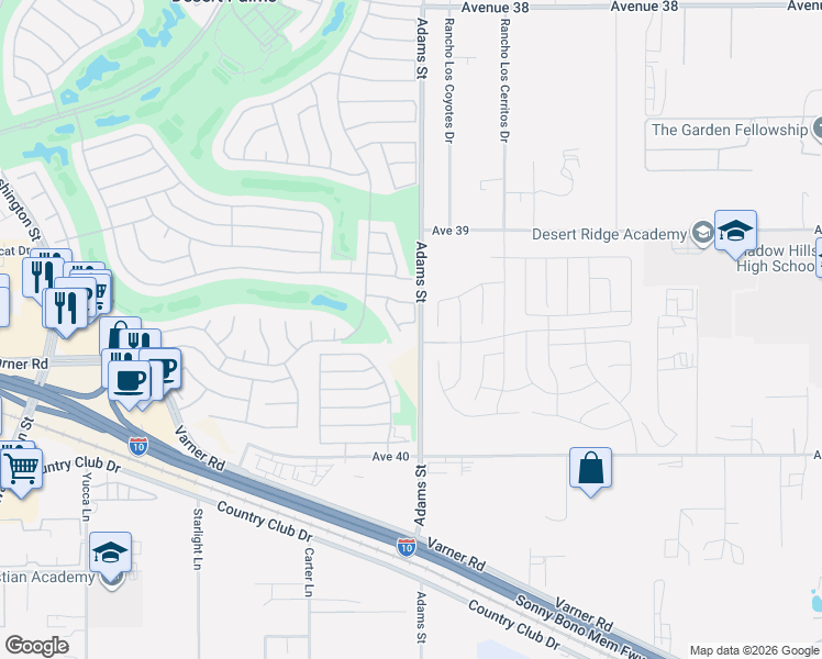 map of restaurants, bars, coffee shops, grocery stores, and more near 78989 Apricot Lane in Palm Desert
