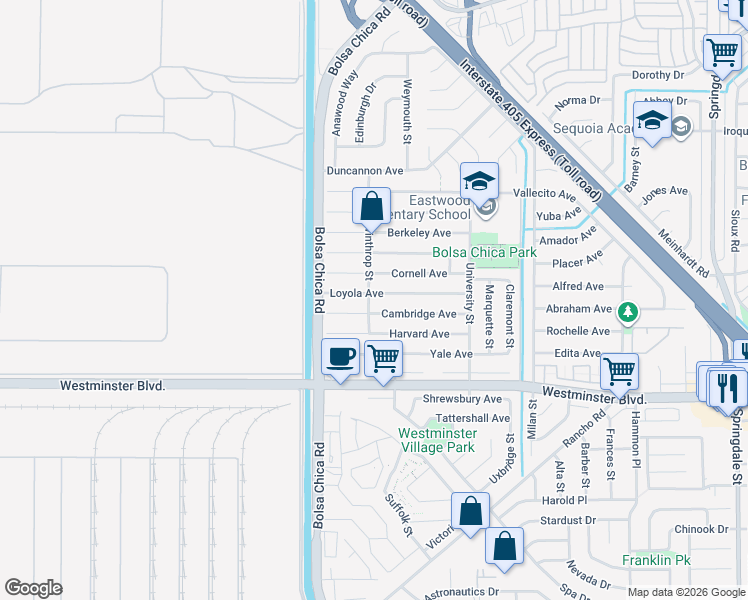 map of restaurants, bars, coffee shops, grocery stores, and more near 5191 Cambridge Avenue in Westminster