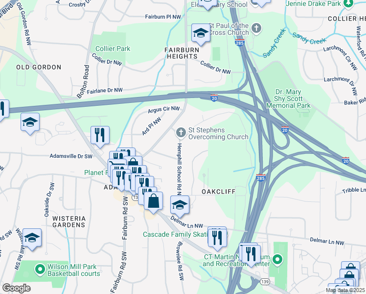 map of restaurants, bars, coffee shops, grocery stores, and more near 261 Hemphill School Road Northwest in Atlanta