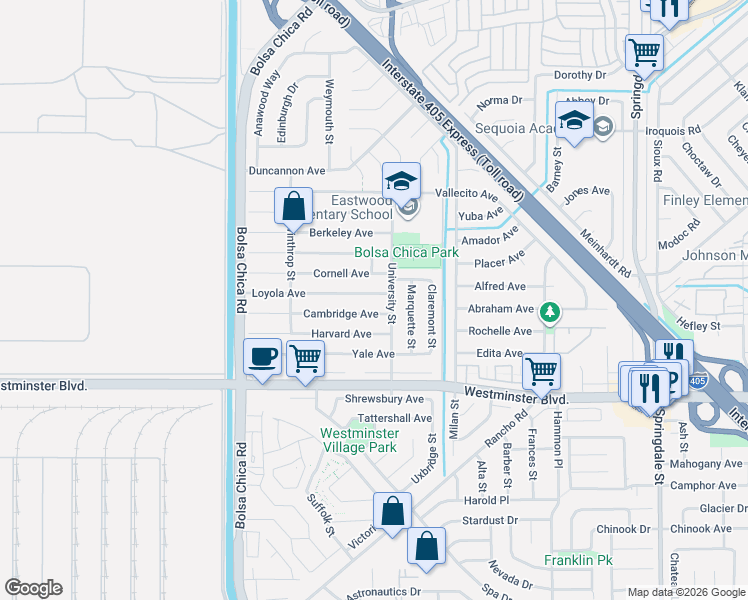 map of restaurants, bars, coffee shops, grocery stores, and more near 5332 Loyola Avenue in Westminster