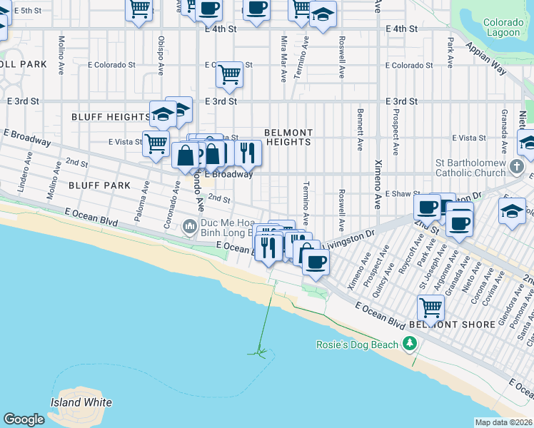 map of restaurants, bars, coffee shops, grocery stores, and more near 3665 East 1st Street in Long Beach