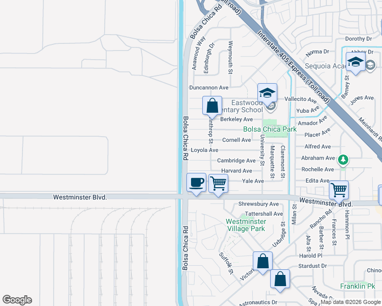 map of restaurants, bars, coffee shops, grocery stores, and more near 5011 Cambridge Avenue in Westminster
