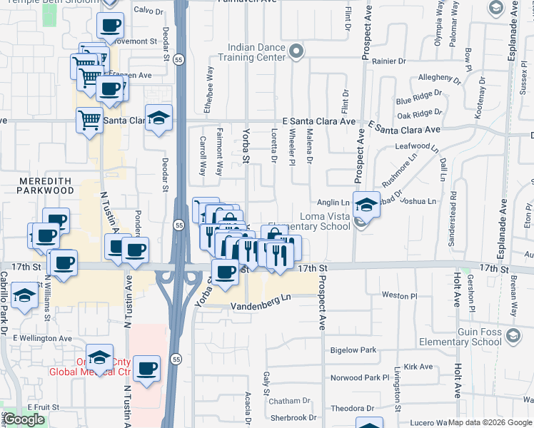 map of restaurants, bars, coffee shops, grocery stores, and more near 13822 Henstridge Circle in Tustin