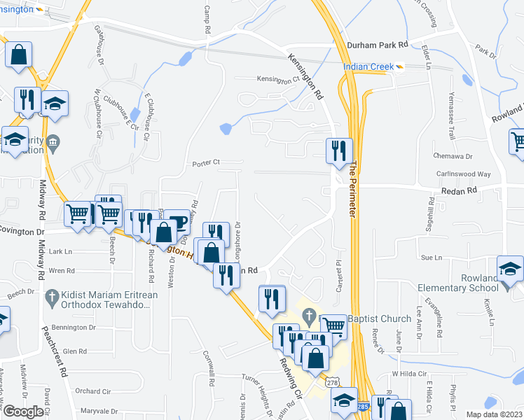 map of restaurants, bars, coffee shops, grocery stores, and more near 3715 Oakwood Manor in Decatur