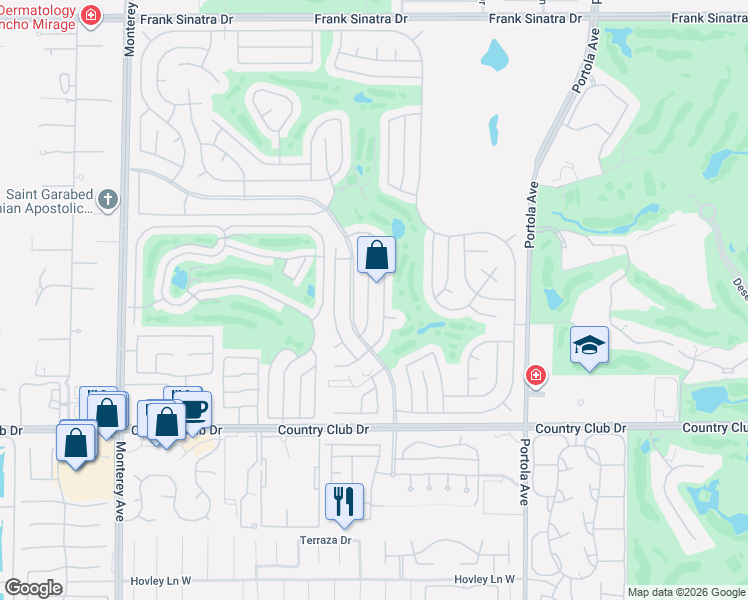 map of restaurants, bars, coffee shops, grocery stores, and more near 39368 Warm Springs Drive in Palm Desert