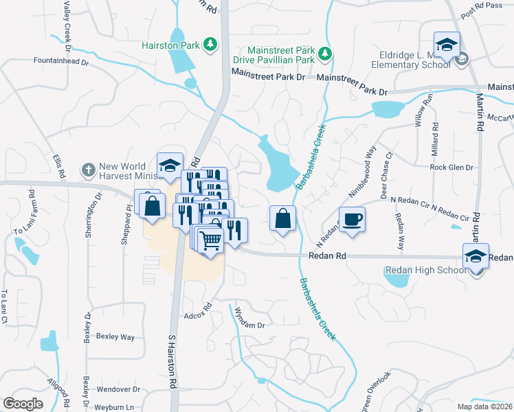 map of restaurants, bars, coffee shops, grocery stores, and more near 2299 Lake Point Drive in Stone Mountain