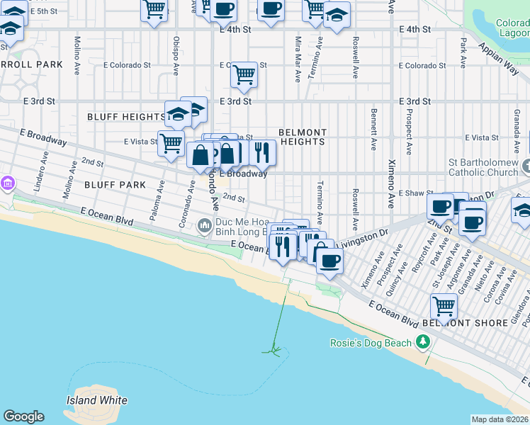 map of restaurants, bars, coffee shops, grocery stores, and more near 3640 East 2nd Street in Long Beach