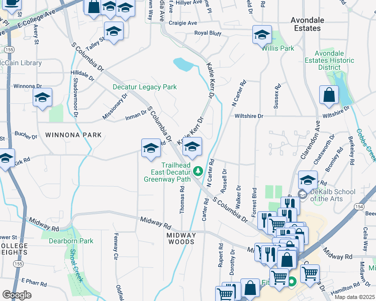 map of restaurants, bars, coffee shops, grocery stores, and more near Hargrove Lane in DeKalb County