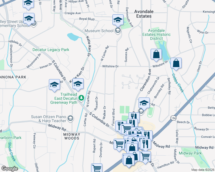 map of restaurants, bars, coffee shops, grocery stores, and more near 1119 Walker Drive in Decatur
