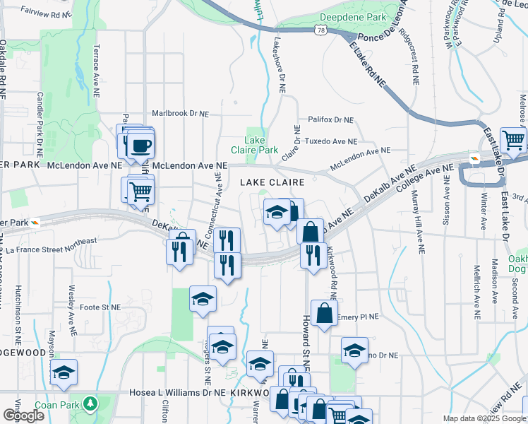 map of restaurants, bars, coffee shops, grocery stores, and more near 1867 Gordon Manor Northeast in Atlanta