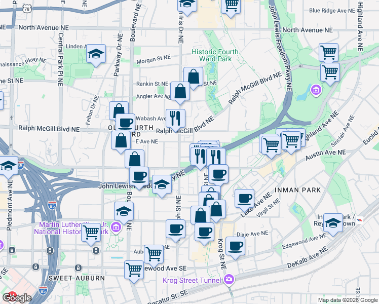 map of restaurants, bars, coffee shops, grocery stores, and more near 271 Glen Iris Drive Northeast in Atlanta