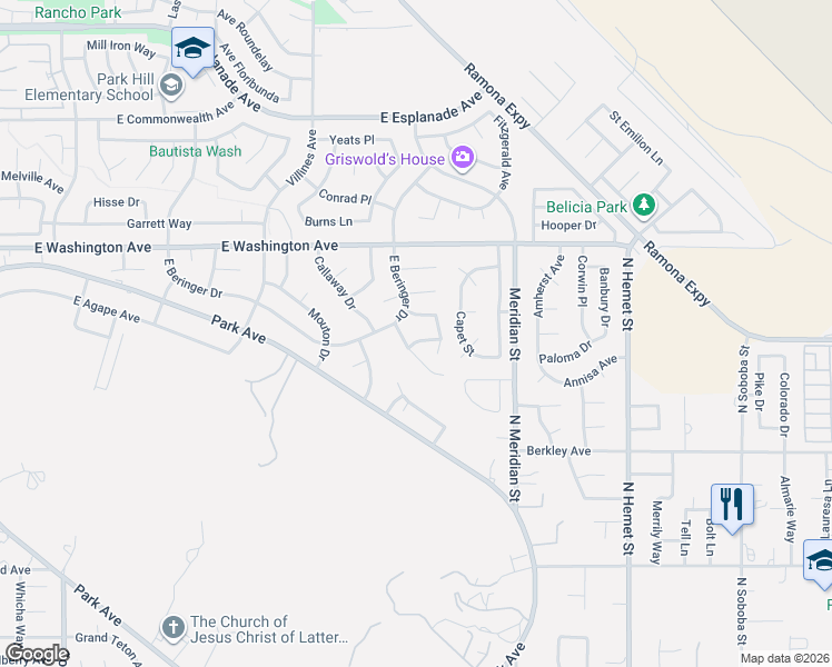 map of restaurants, bars, coffee shops, grocery stores, and more near 1621 Monterey Way in San Jacinto
