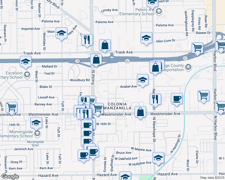 map of restaurants, bars, coffee shops, grocery stores, and more near 11182 Cynthia Avenue in Garden Grove