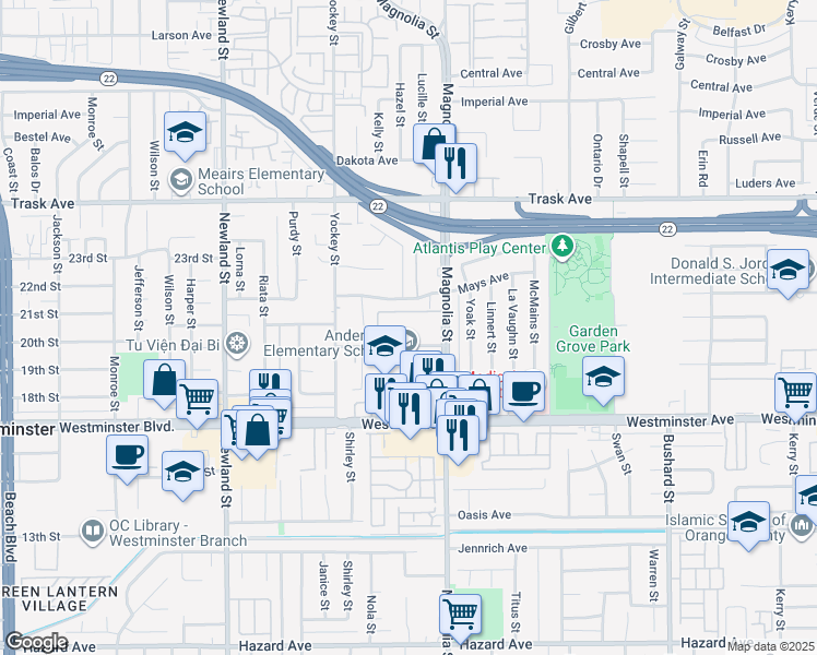 map of restaurants, bars, coffee shops, grocery stores, and more near 8943 Hewitt Place in Garden Grove