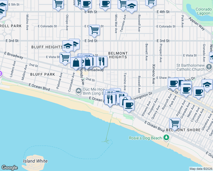 map of restaurants, bars, coffee shops, grocery stores, and more near 3665 East 1st Street in Long Beach