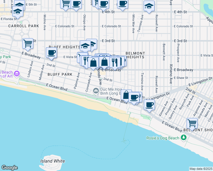 map of restaurants, bars, coffee shops, grocery stores, and more near 3400 East 1st Street in Long Beach