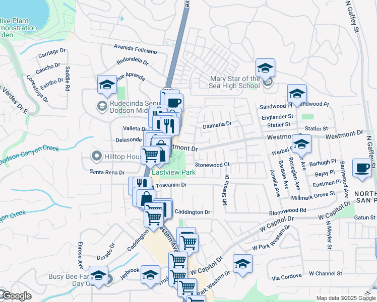 map of restaurants, bars, coffee shops, grocery stores, and more near 1621 Stonewood Court in Los Angeles