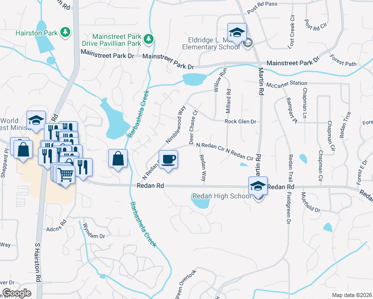 map of restaurants, bars, coffee shops, grocery stores, and more near 5001 North Redan Circle in Stone Mountain