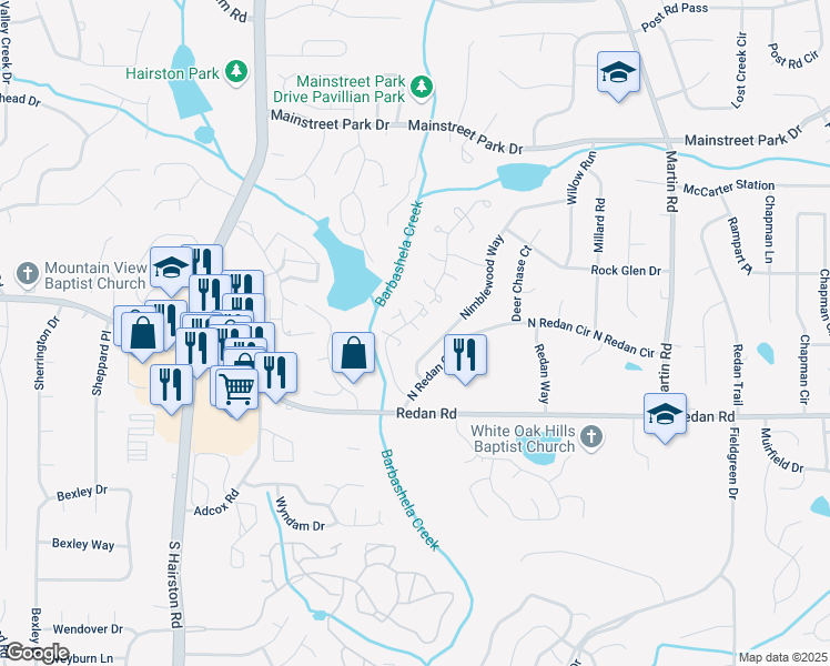 map of restaurants, bars, coffee shops, grocery stores, and more near Main Street in Stone Mountain