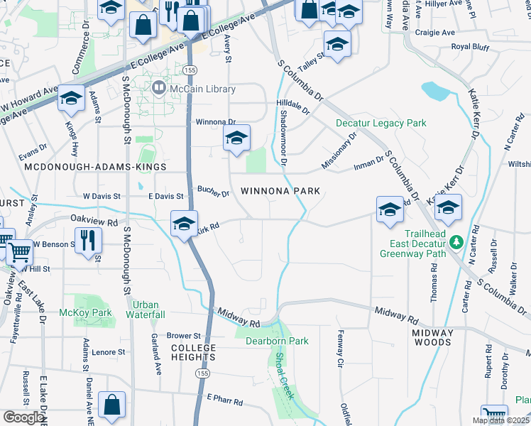 map of restaurants, bars, coffee shops, grocery stores, and more near 108 Kirk Crossing Drive in Decatur