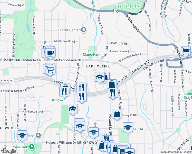 map of restaurants, bars, coffee shops, grocery stores, and more near 1867 Gordon Manor Northeast in Atlanta